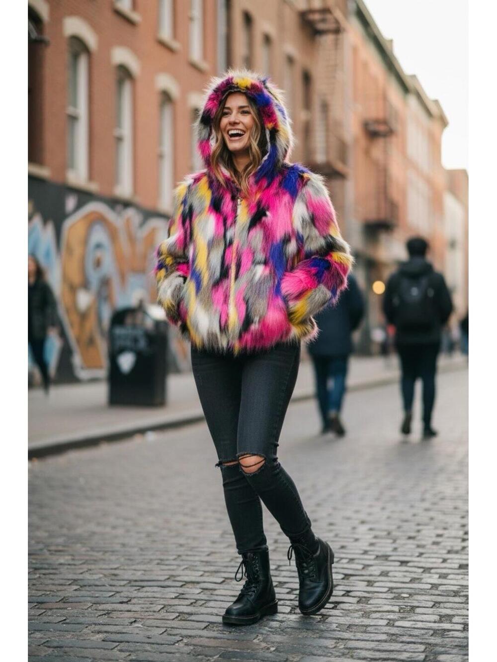 Rockstar Original Women Faux Fur Multicolor Hooded Crop Jacket NWT Size M - Picture 4 of 16
